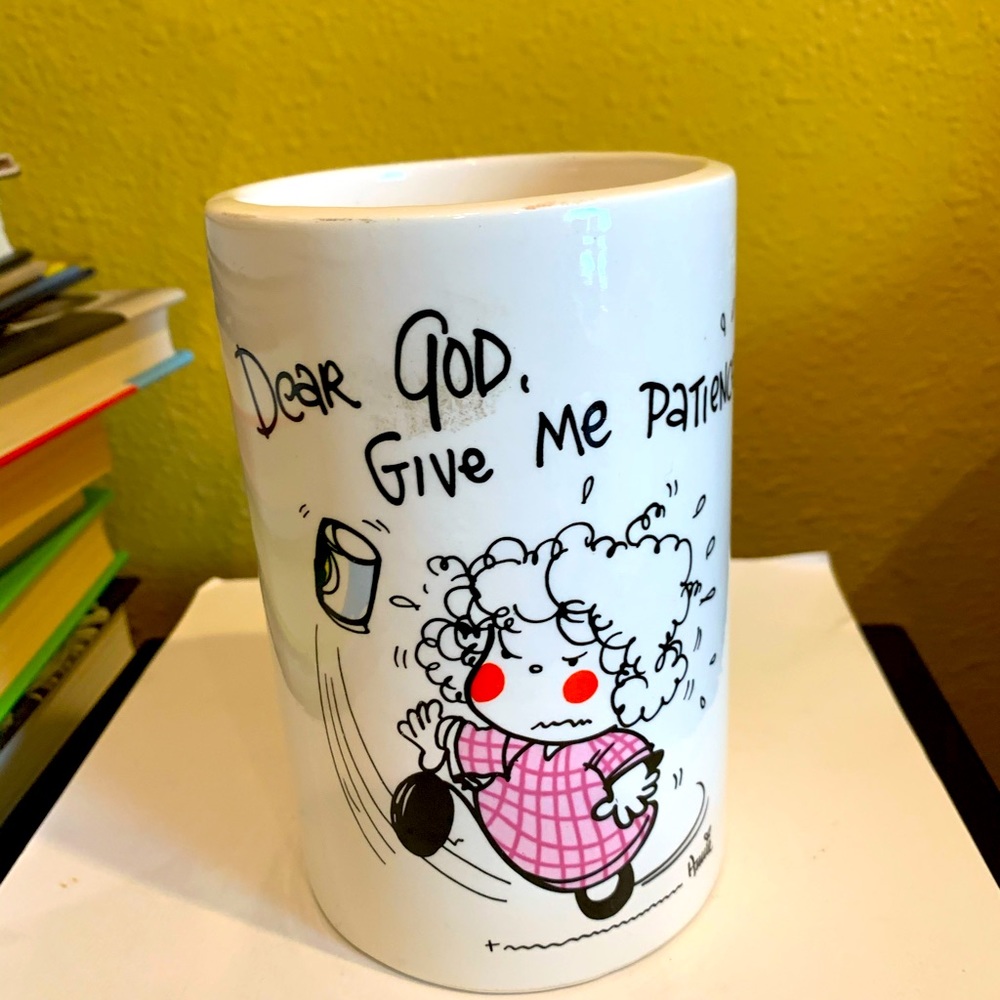 Dear God Lids Enesco 1982 Ceramic Vase,Pen or Utensil Holder”Give Me Patience”